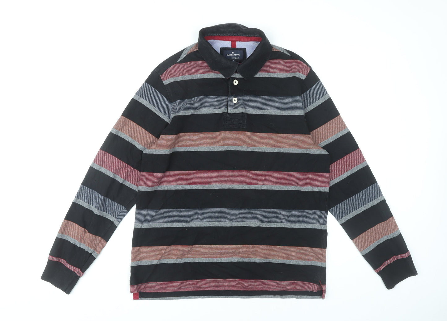 Marks and Spencer Men's Black Striped Long Sleeve Polo Small