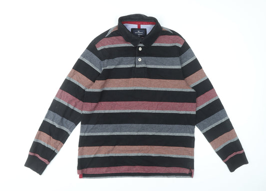 Marks and Spencer Men's Black Striped Long Sleeve Polo Small