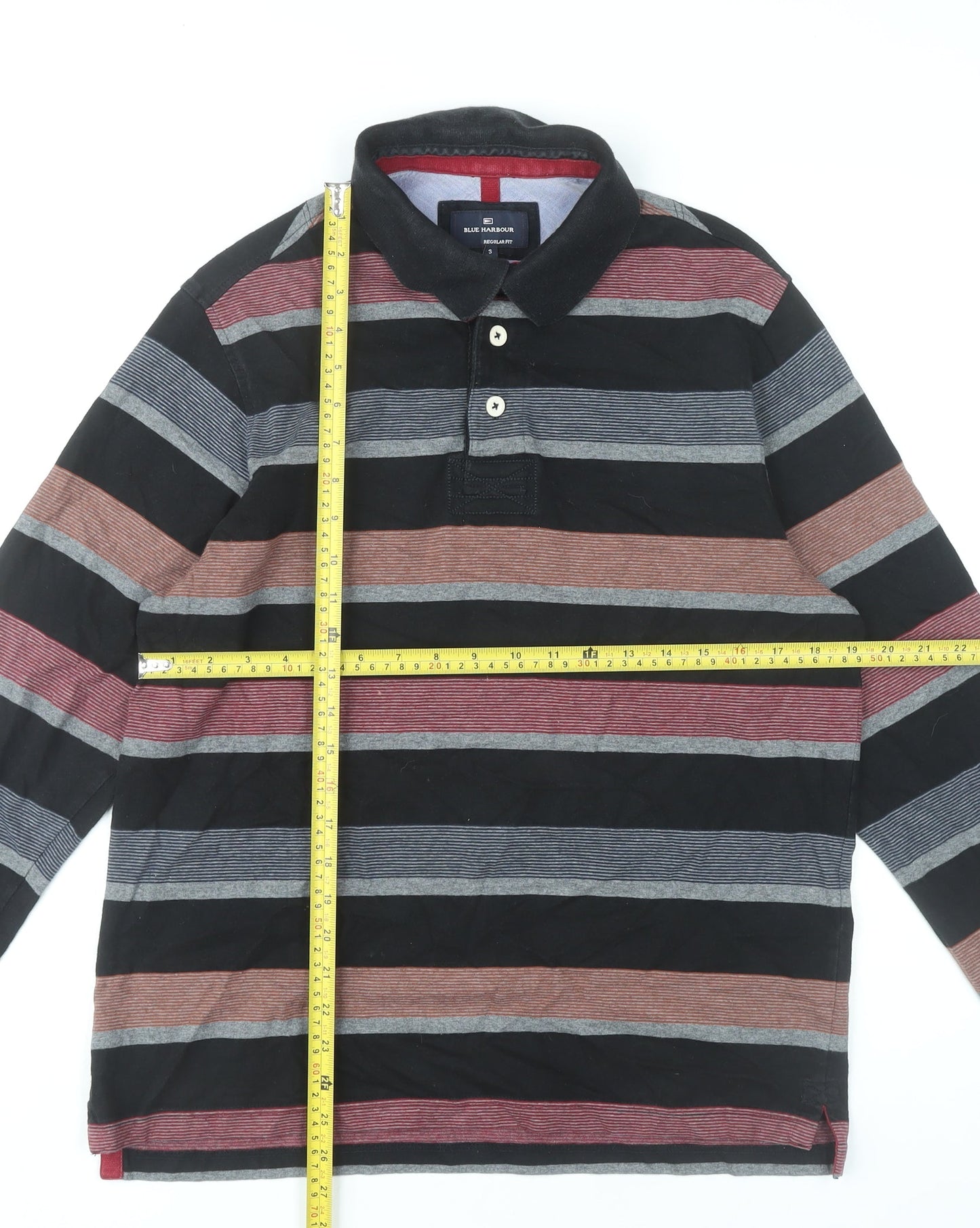 Marks and Spencer Men's Black Striped Long Sleeve Polo Small