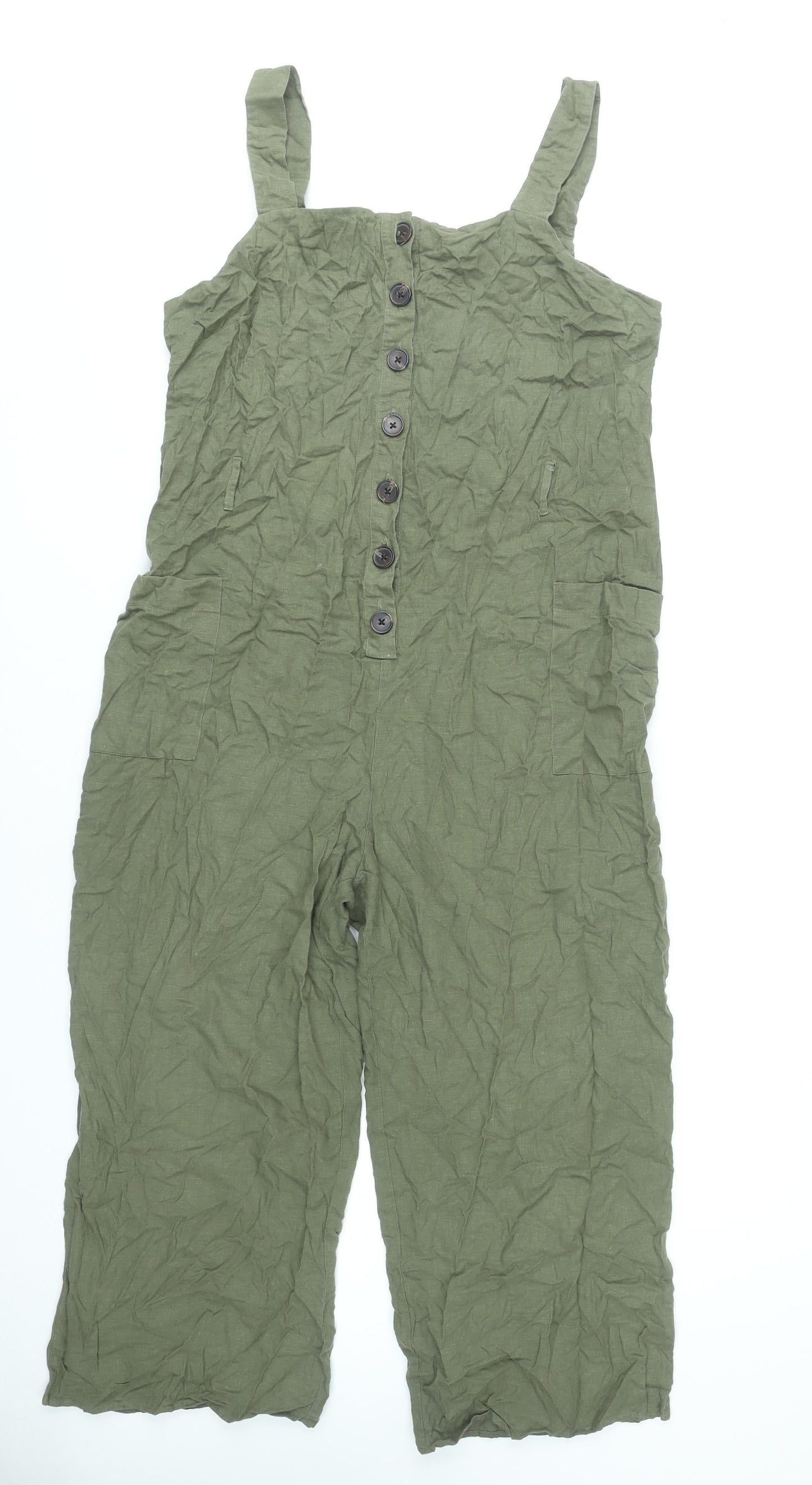 Warehouse Women’s Green Linen Blend Sleeveless Wide-Leg Jumpsuit UK 16