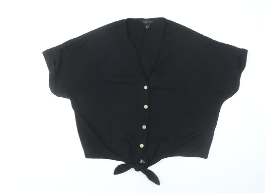 New Look Women Black Cropped Button-Up Tie Front Top UK 14