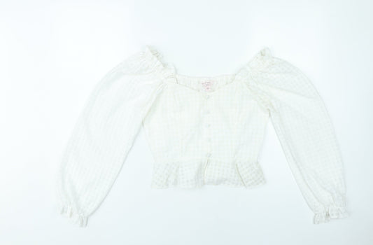 Miss Selfridge Womens White Petite Cropped Blouse UK 10 Ruffle Puff Sleeve