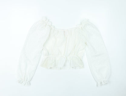 Miss Selfridge Womens White Petite Cropped Blouse UK 10 Ruffle Puff Sleeve