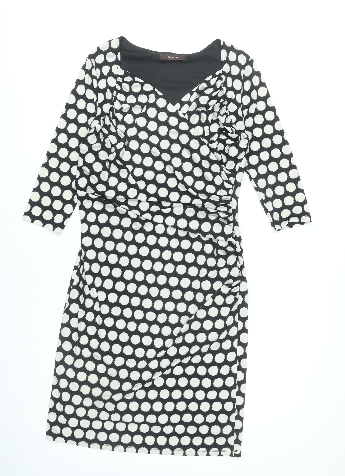 Savoir Women Black Polka Dot Bodycon Dress Size 16 3/4 Sleeve Knee Length