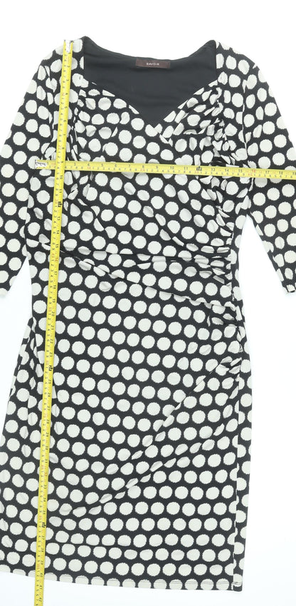 Savoir Women Black Polka Dot Bodycon Dress Size 16 3/4 Sleeve Knee Length
