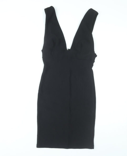 Miss Selfridge Women Black Bodycon Dress Size 10 Sleeveless V-Neck Cocktail