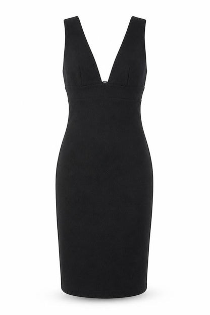 Front view of Miss Selfridge Women Black Bodycon Dress, size 10, Sleeveless V-Neck Cocktail