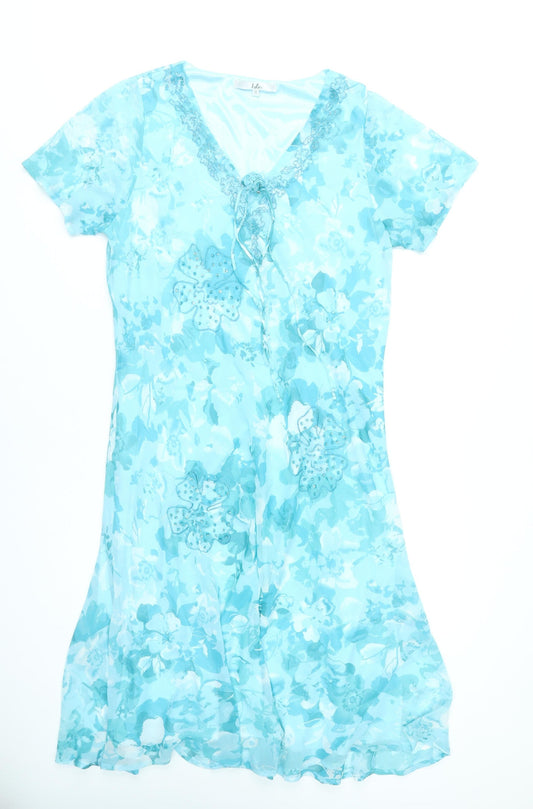 Isle Womens Blue Floral A-Line Dress Size 18 Short Sleeve Knee Length