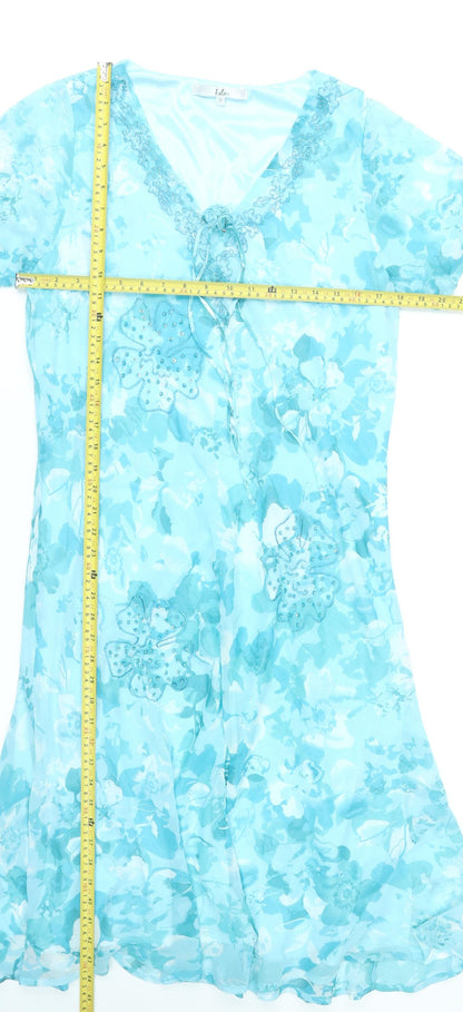 Isle Womens Blue Floral A-Line Dress Size 18 Short Sleeve Knee Length