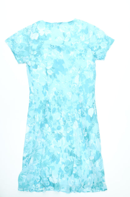 Isle Womens Blue Floral A-Line Dress Size 18 Short Sleeve Knee Length