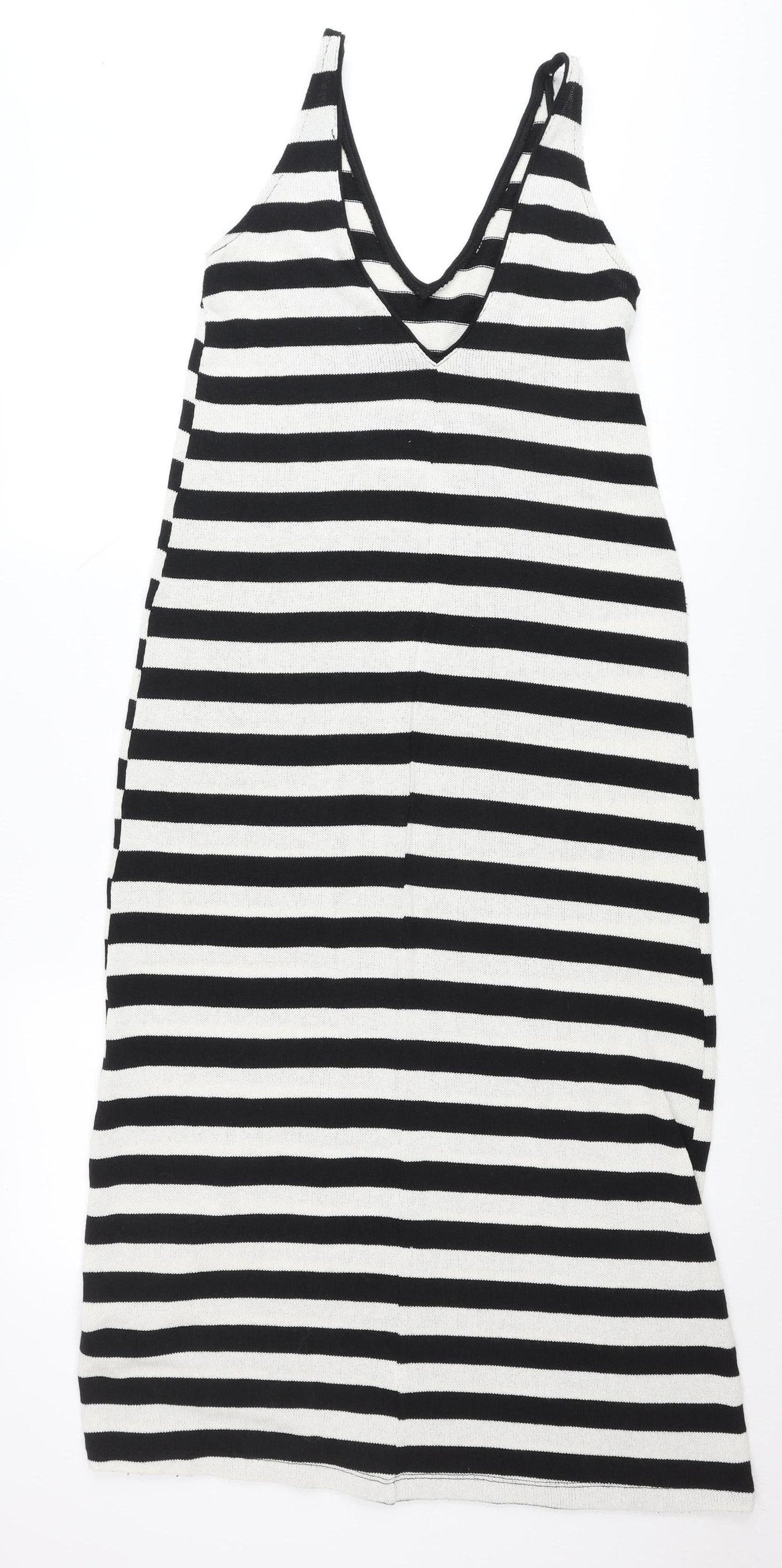 Zara Women Black White Striped V-Neck Slip Dress Size 8