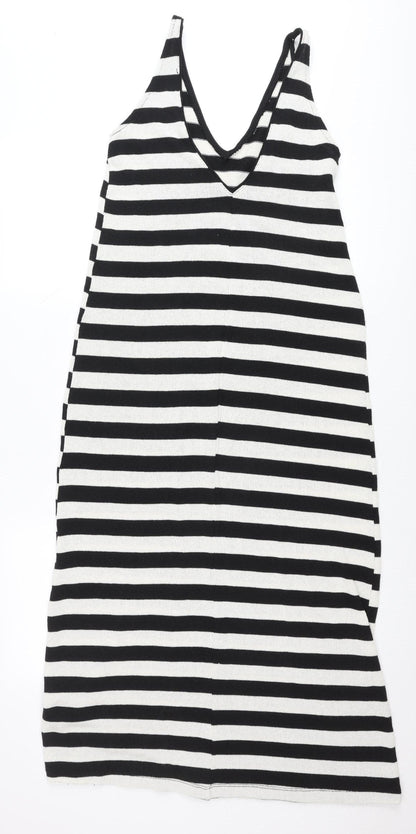 Zara Women Black White Striped V-Neck Slip Dress Size 8