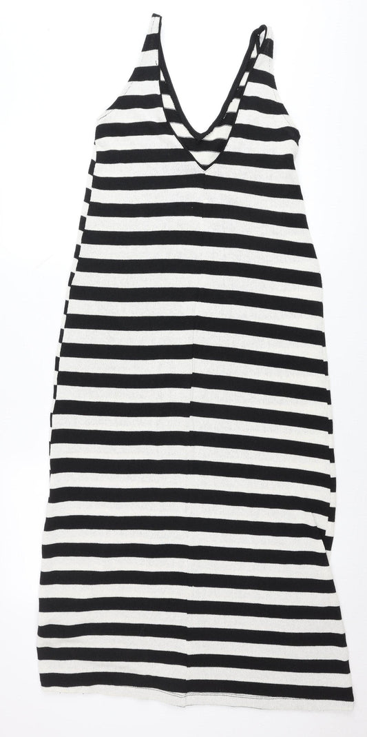Zara Women Black White Striped V-Neck Slip Dress Size 8