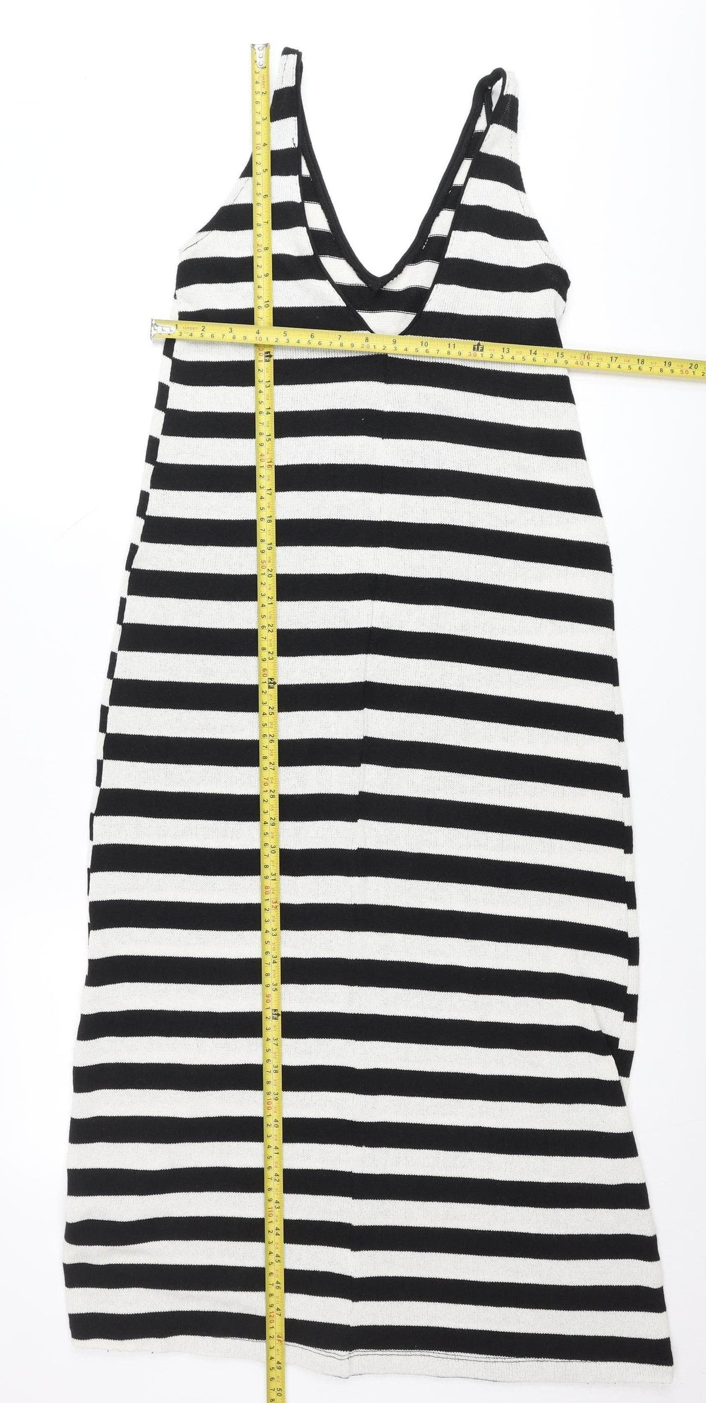 Zara Women Black White Striped V-Neck Slip Dress Size 8