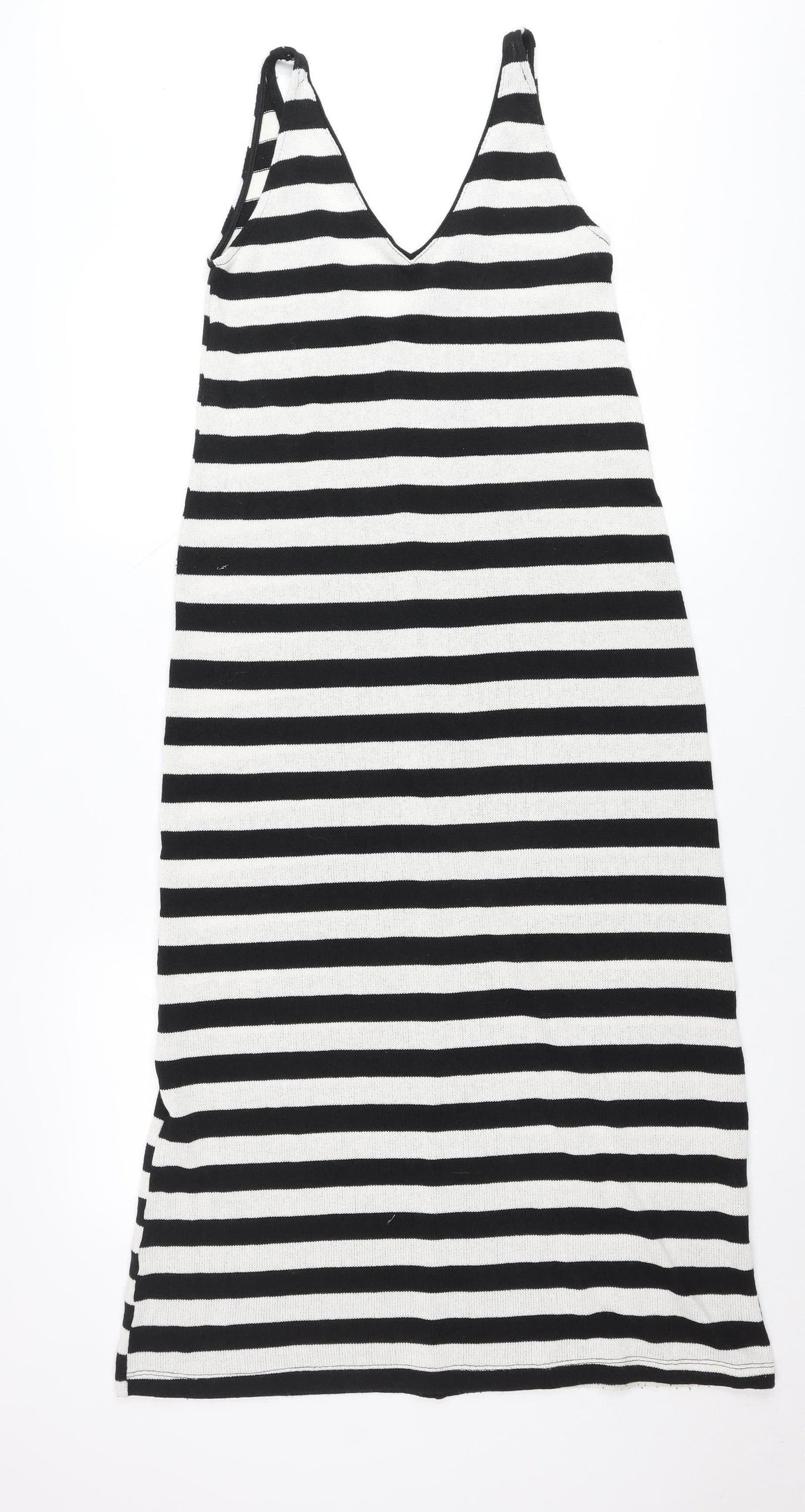 Zara Women Black White Striped V-Neck Slip Dress Size 8