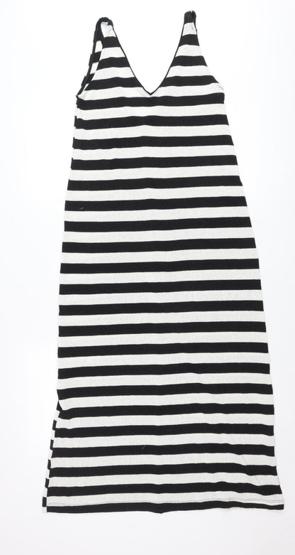 Zara Women Black White Striped V-Neck Slip Dress Size 8