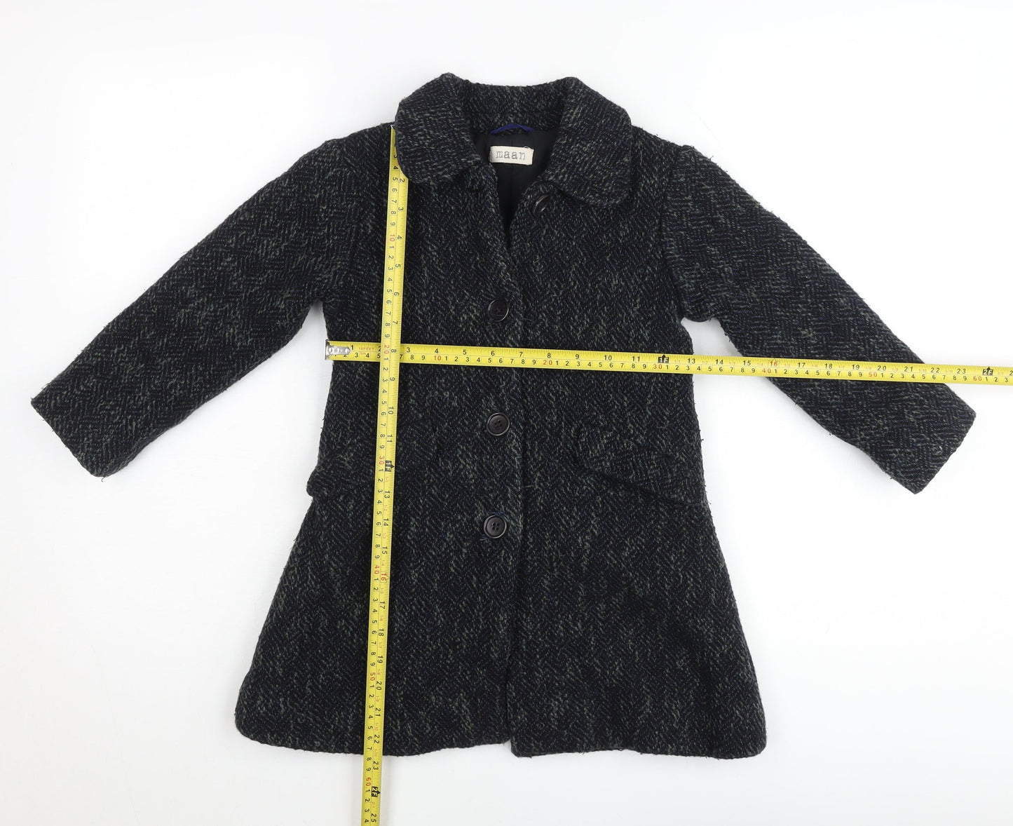 Maan Girls Black Wool Blend Herringbone Coat 6 Years Buttoned Mid-Length