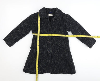 Maan Girls Black Wool Blend Herringbone Coat 6 Years Buttoned Mid-Length