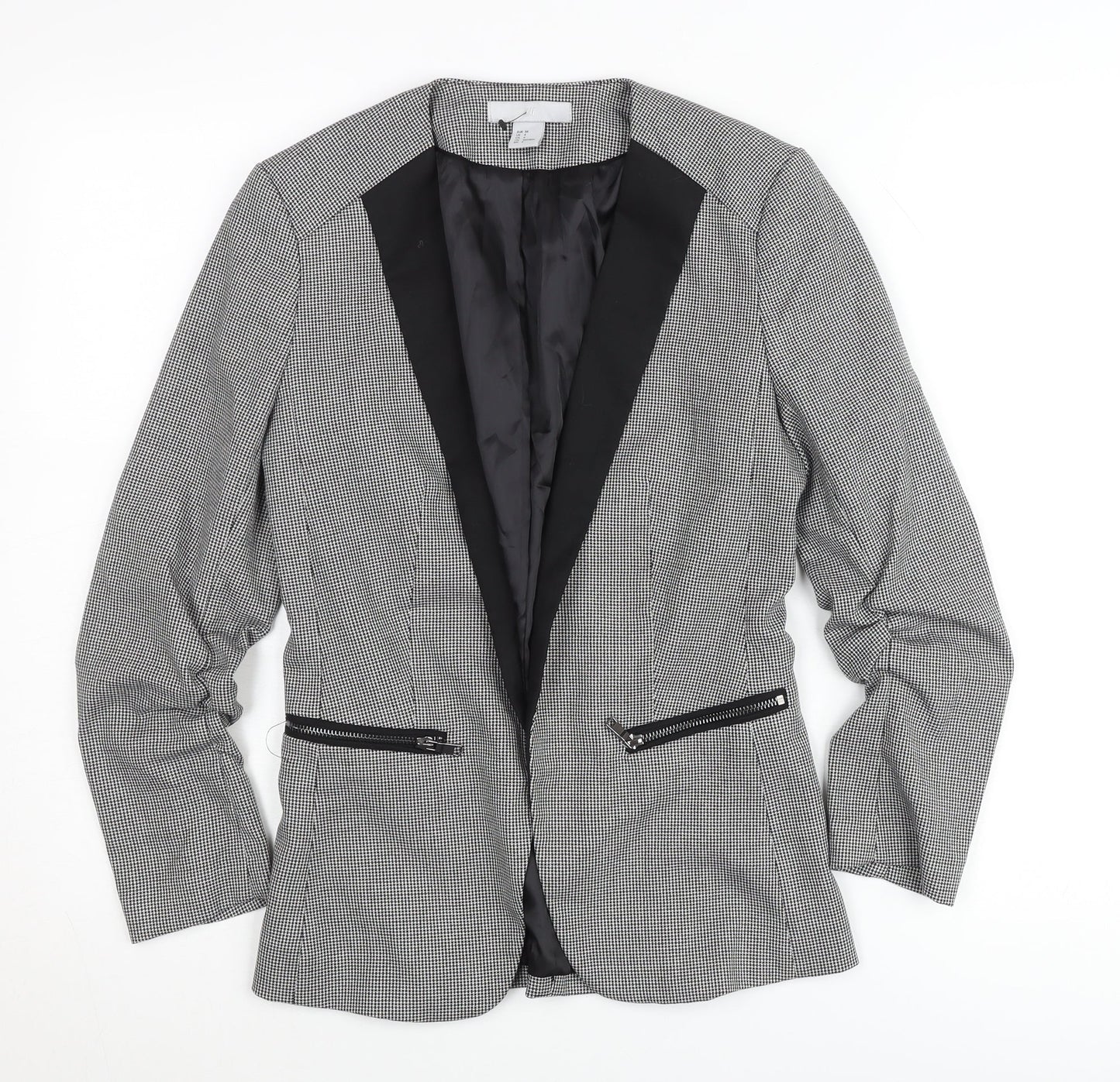 H&M Women Black Houndstooth Slim Fit Blazer Jacket Size 6