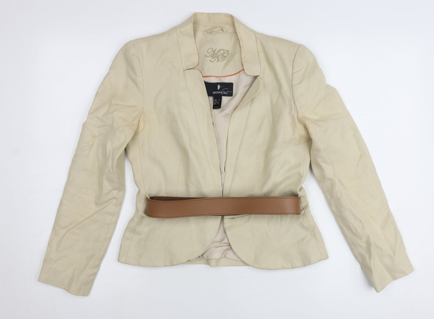 Mango Women Beige Linen Blend Blazer Jacket Size 12 Belted Workwear