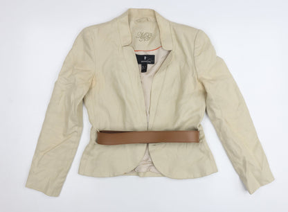 Mango Women Beige Linen Blend Blazer Jacket Size 12 Belted Workwear