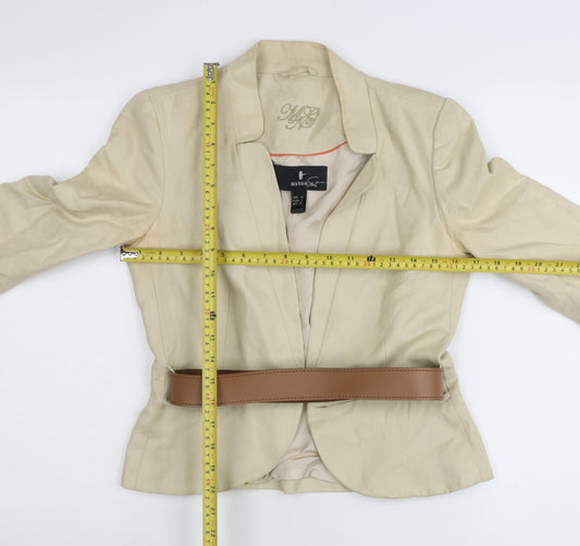 Mango Women Beige Linen Blend Blazer Jacket Size 12 Belted Workwear