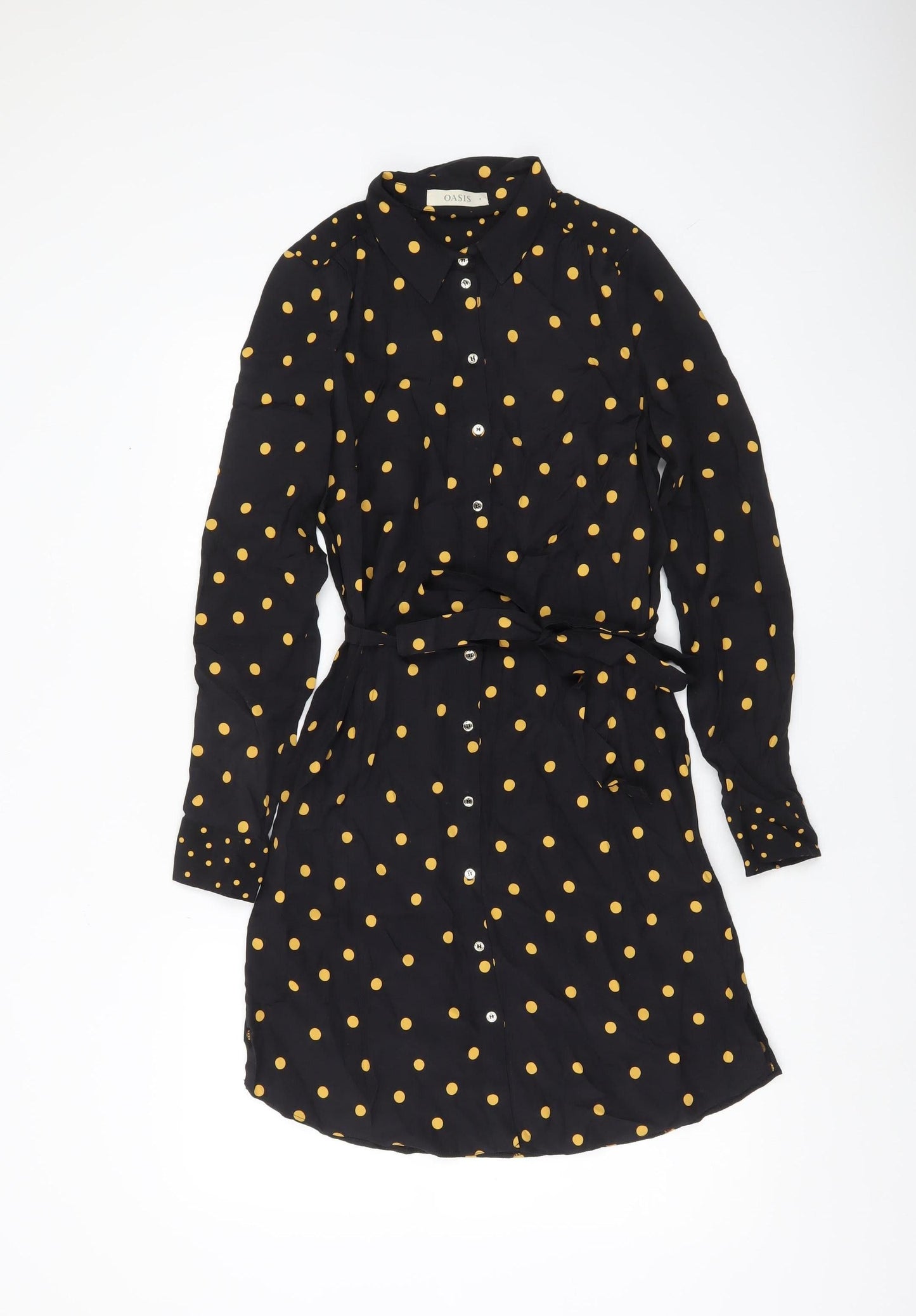 Oasis Womens Black Polka Dot Shirt Dress Size 8 Belted Long Sleeve