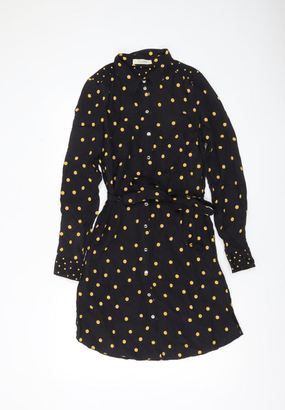 Oasis Womens Black Polka Dot Shirt Dress Size 8 Belted Long Sleeve