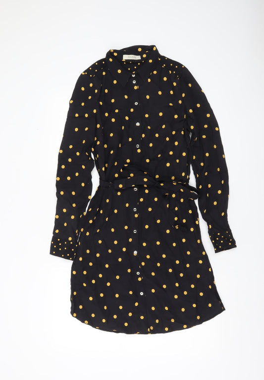 Oasis Womens Black Polka Dot Shirt Dress Size 8 Belted Long Sleeve
