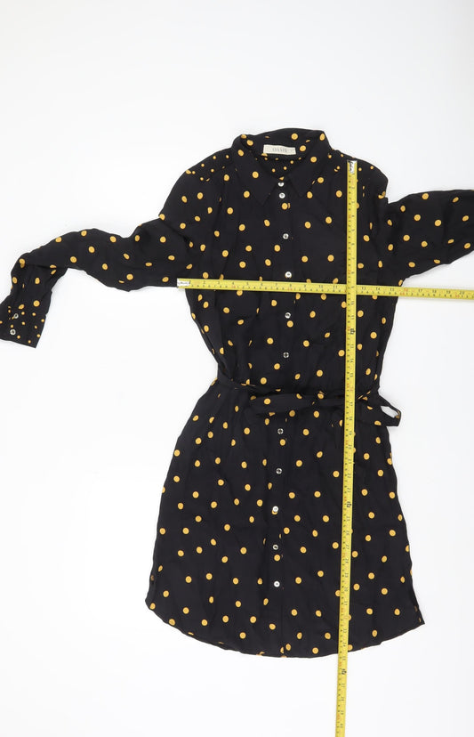 Oasis Womens Black Polka Dot Shirt Dress Size 8 Belted Long Sleeve