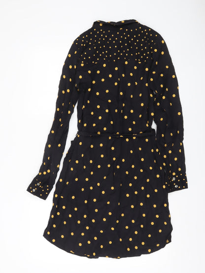 Oasis Womens Black Polka Dot Shirt Dress Size 8 Belted Long Sleeve