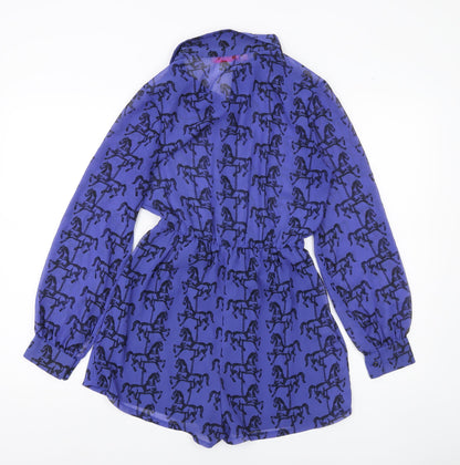 Oh My Love Women Blue Horse Print Playsuit Size S Long Sleeve