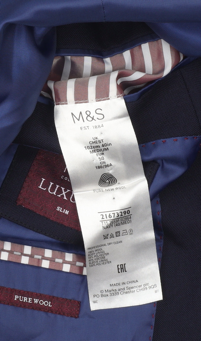 Marks and Spencer Mens Blue Slim Fit Wool Blazer Jacket 40 M
