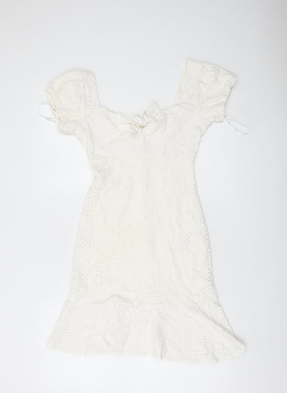 Guess Women White Cotton Puff Sleeve Sheath Dress Size 12