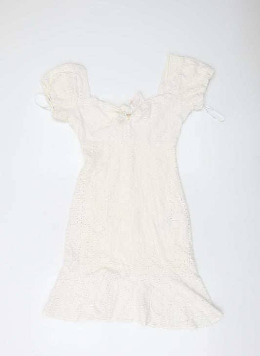 Guess Women White Cotton Puff Sleeve Sheath Dress Size 12