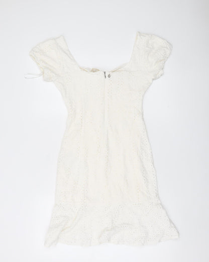 Guess Women White Cotton Puff Sleeve Sheath Dress Size 12