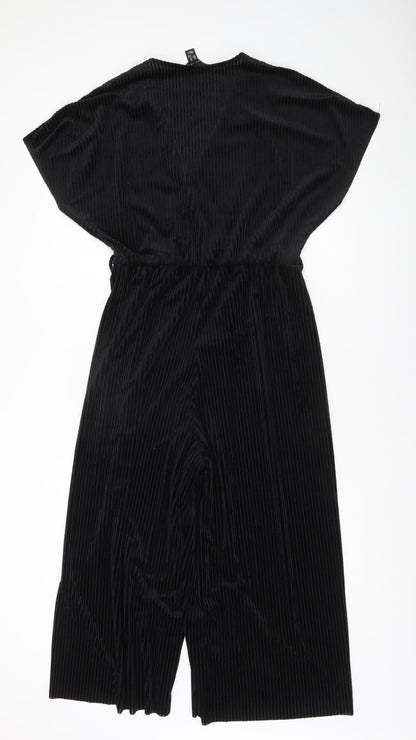 New Look Women Black Velvet Jumpsuit Size 12 Party Wide-Leg V-Neck