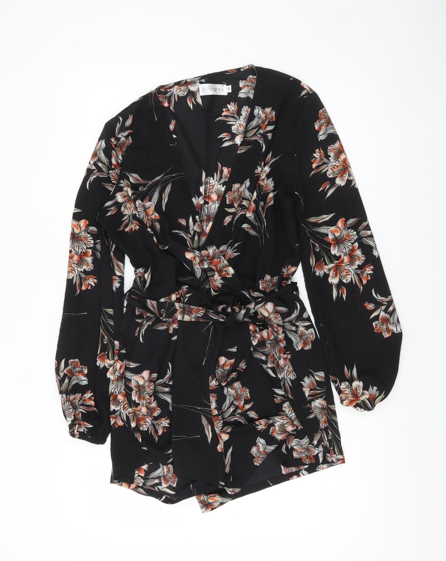 In The Style Womens Black Floral Belted Playsuit Size 10