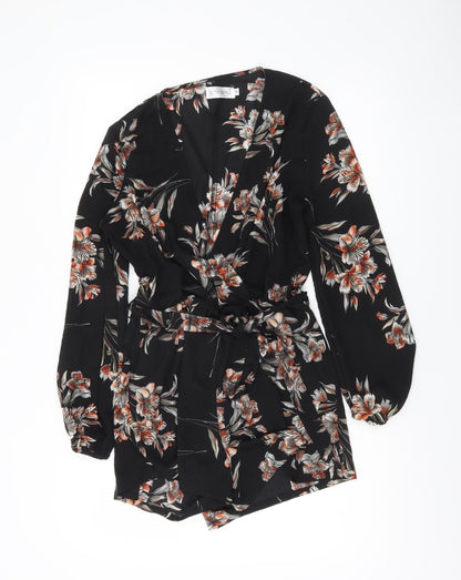 In The Style Womens Black Floral Belted Playsuit Size 10