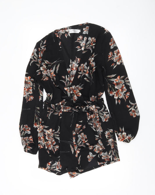 In The Style Womens Black Floral Belted Playsuit Size 10