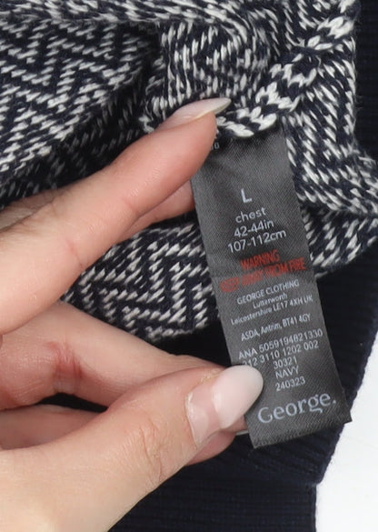 George Men’s Navy Blue Collared Pullover Jumper L Cotton