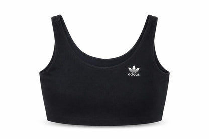 Front view of Adidas Women’s Black Crop Tank Top, size UK 6, XS Cotton Blend