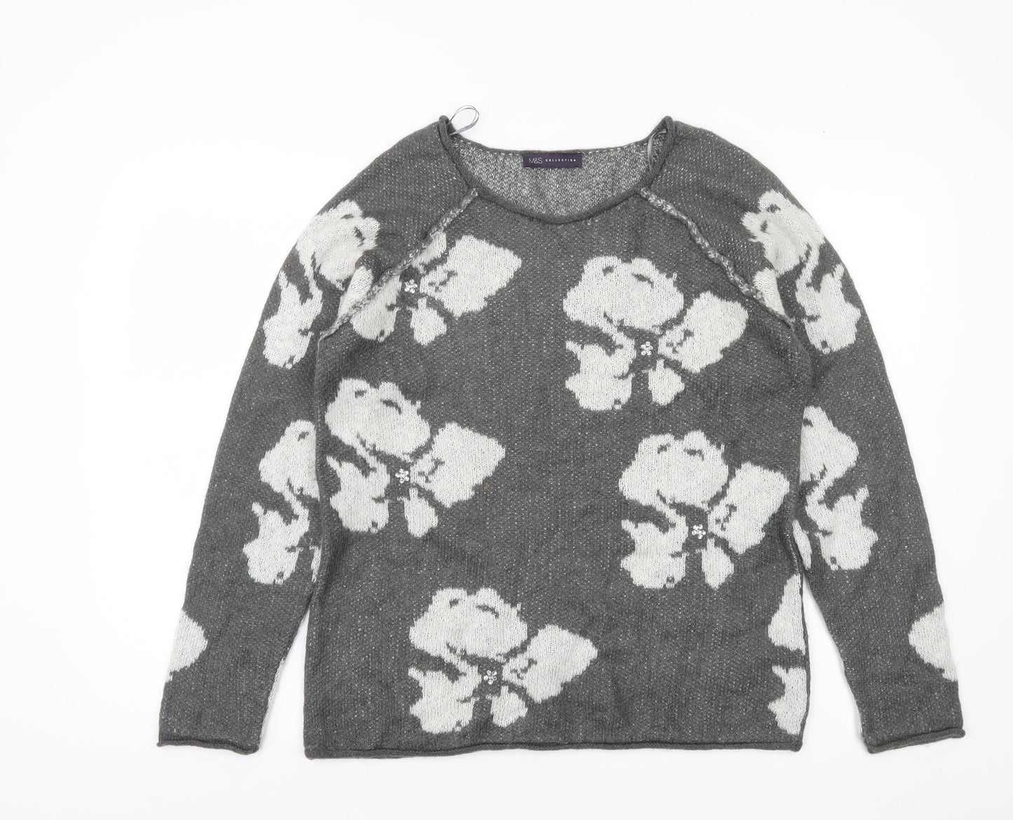 Marks and Spencer Womens Grey Floral Knit Jumper UK 12 Long Sleeve