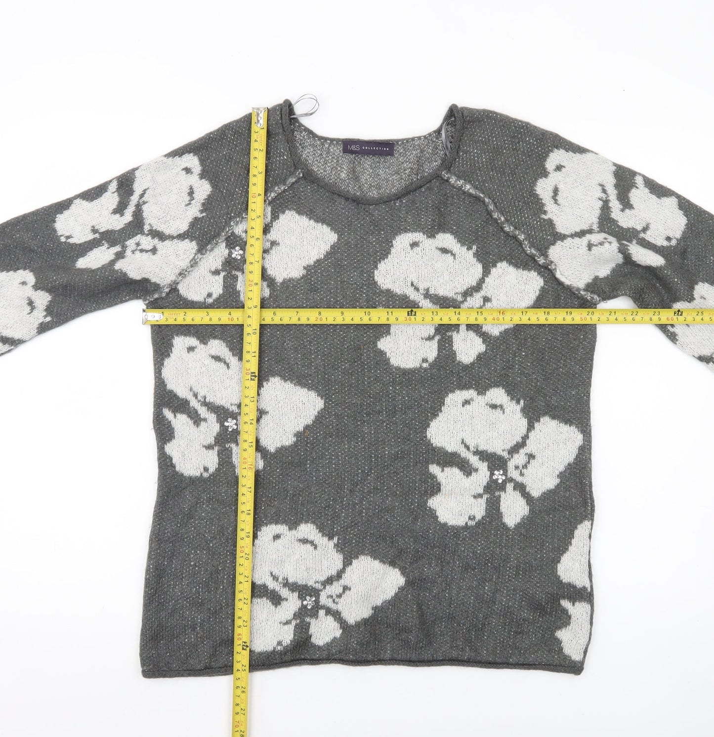 Marks and Spencer Womens Grey Floral Knit Jumper UK 12 Long Sleeve