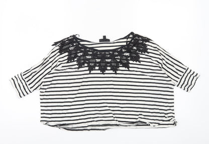 Topshop Women's Black White Striped Crochet Neck Blouse Size 8