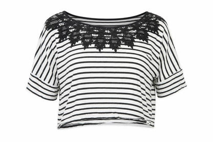 Topshop Women's Black White Striped Crochet Neck Blouse Size 8