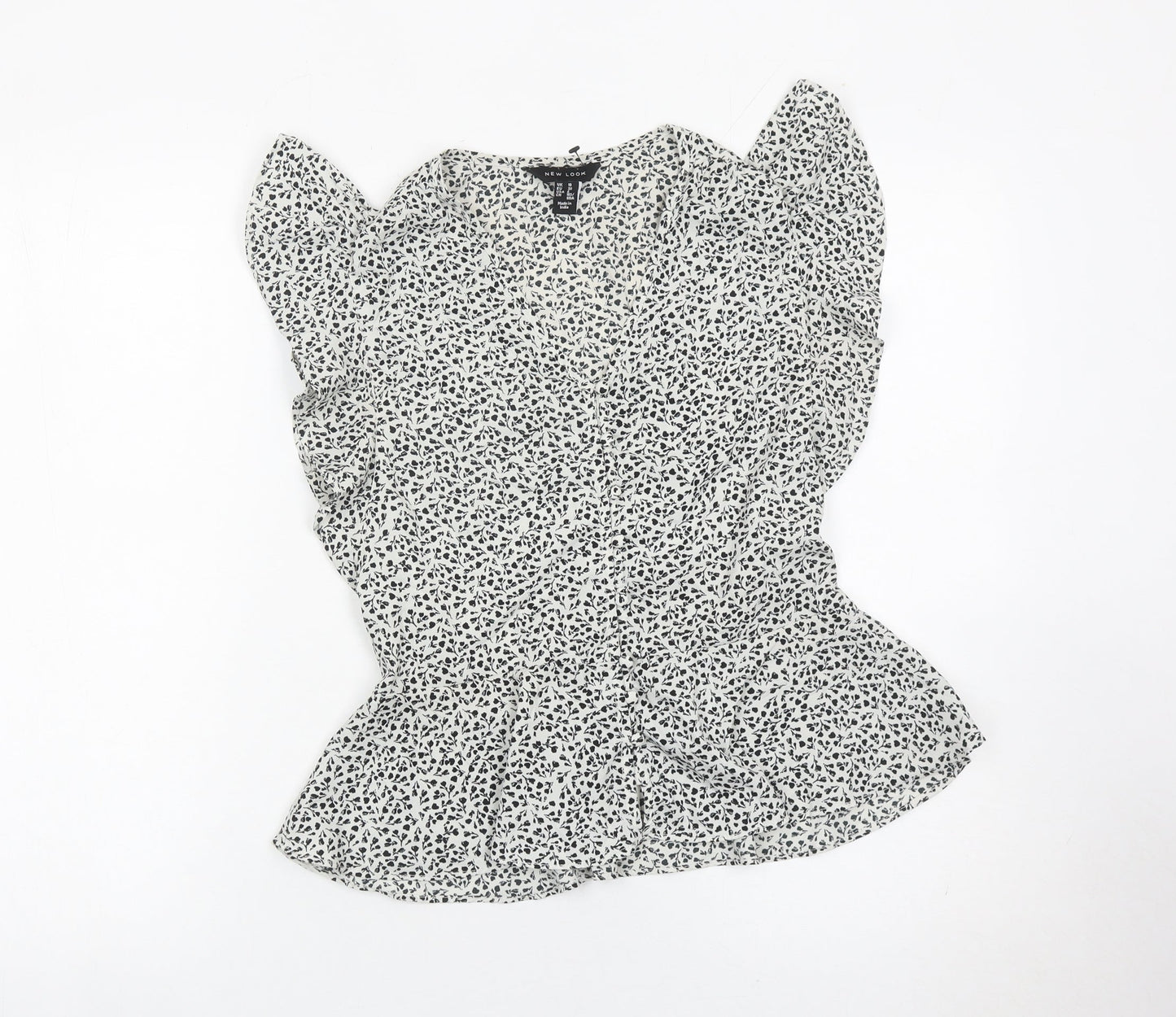 New Look Womens White Floral Ruffle Blouse Size 10 Sleeveless V-Neck