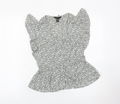 New Look Womens White Floral Ruffle Blouse Size 10 Sleeveless V-Neck