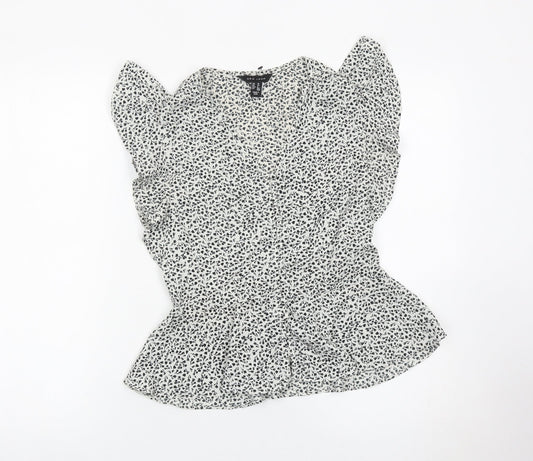 New Look Womens White Floral Ruffle Blouse Size 10 Sleeveless V-Neck