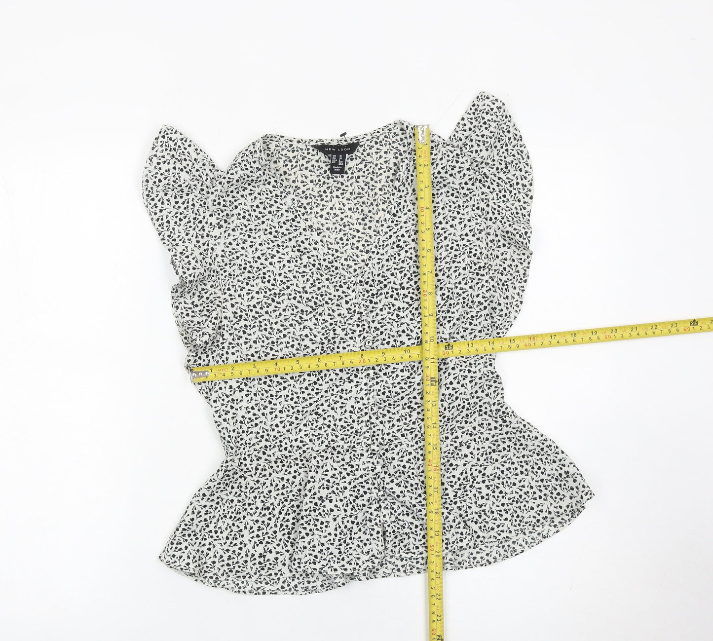 New Look Womens White Floral Ruffle Blouse Size 10 Sleeveless V-Neck